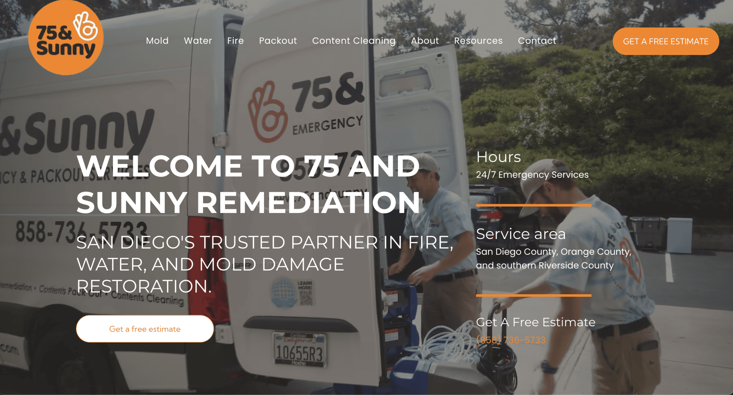 A 75 & Sunny Remediation service van is parked as two workers unload equipment. The website text highlights fire, water, and mold damage restoration services, with contact info and a button for a free estimate.