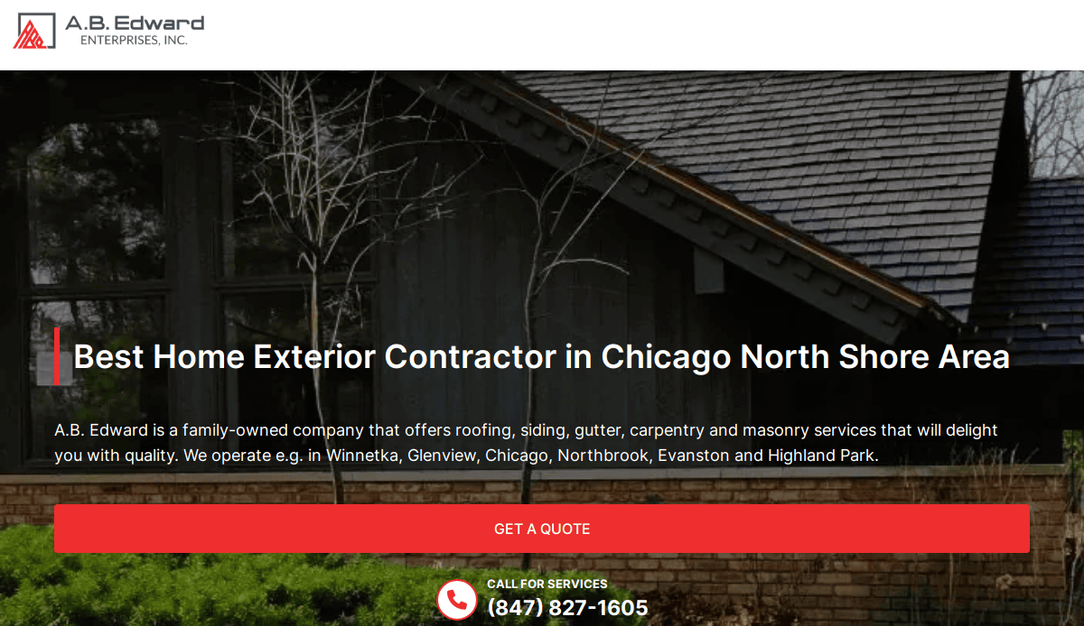 A house exterior with a dark roof and wooden siding, surrounded by trees and greenery. Text overlay promotes a home exterior contractor serving Chicagos North Shore area, with contact info and a red Get a Quote button.