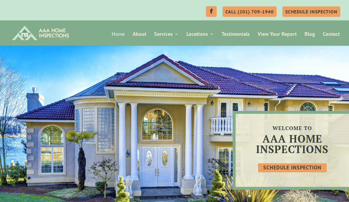 Homepage of AAA Home Inspections featuring a large, elegant two-story house with columns and landscaped yard. A banner invites visitors to schedule an inspection, with menu options and contact info visible.