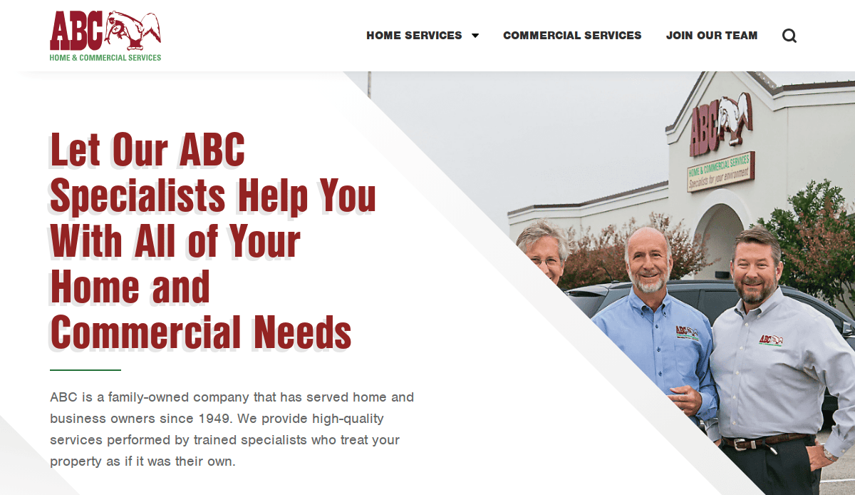 Three smiling men in ABC Home & Commercial Services shirts stand outside an ABC office. The text promotes ABC specialists for home and commercial needs, describing the company as family-owned since 1949.