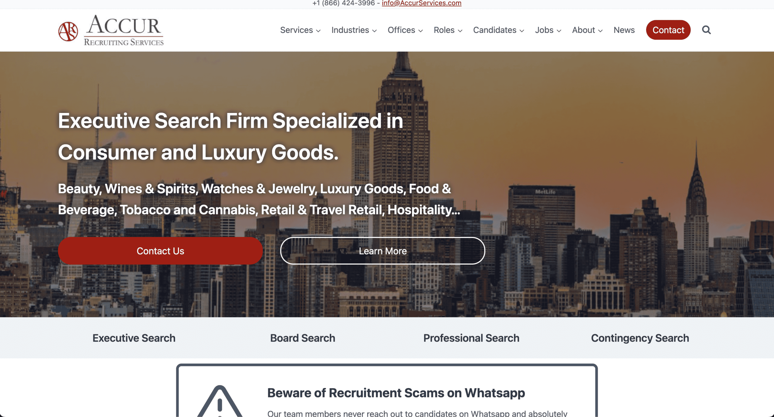 Screenshot of Accur Recruiting Services website homepage, featuring a New York City skyline background, navigation menu, and headings about executive search services for consumer and luxury goods industries.
