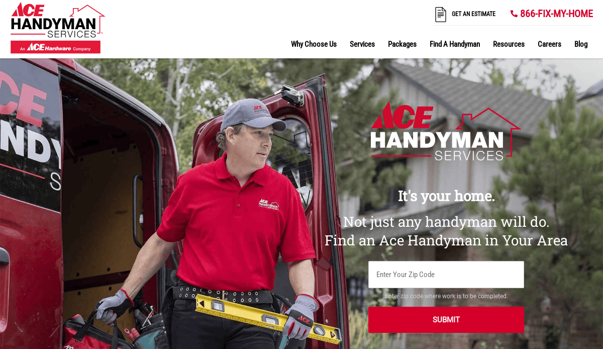 A handyman in a red Ace Handyman Services shirt and cap holds tools next to a red van. The website offers to find a handyman by zip code, with a submit form and company contact info visible.