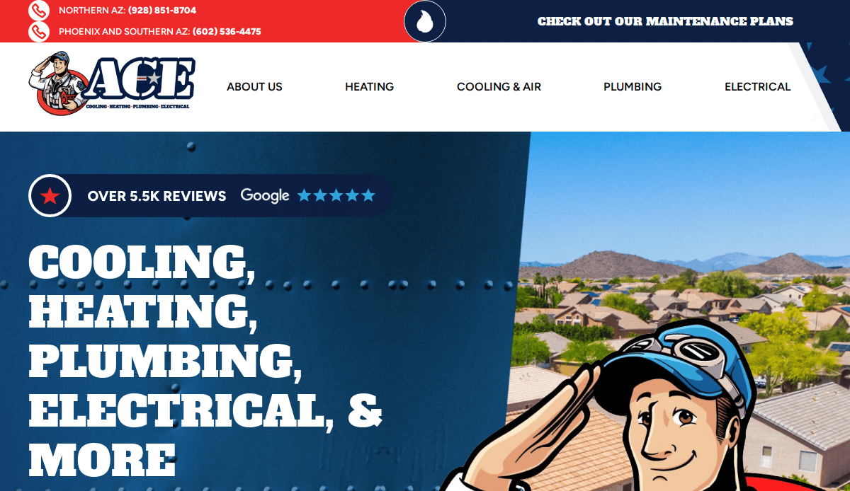 Website header for ACE with contact numbers, maintenance plans, navigation menu, cartoon technician, and text: “Cooling, Heating, Plumbing, Electrical, & More.” Background shows rooftops and mountains.