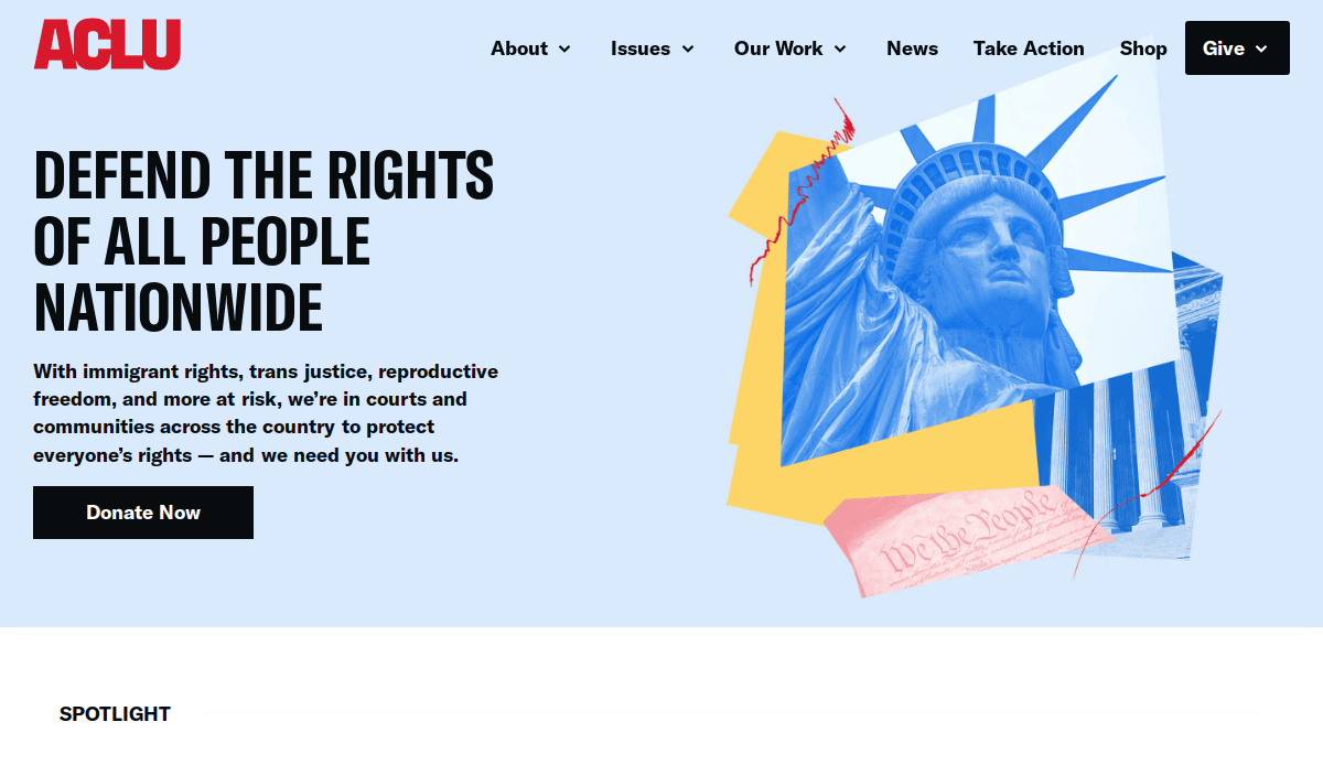ACLU website homepage with text “Defend the rights of all people nationwide,” a Donate Now button, and a collage of the Statue of Liberty and the U.S. Constitution on a blue background.