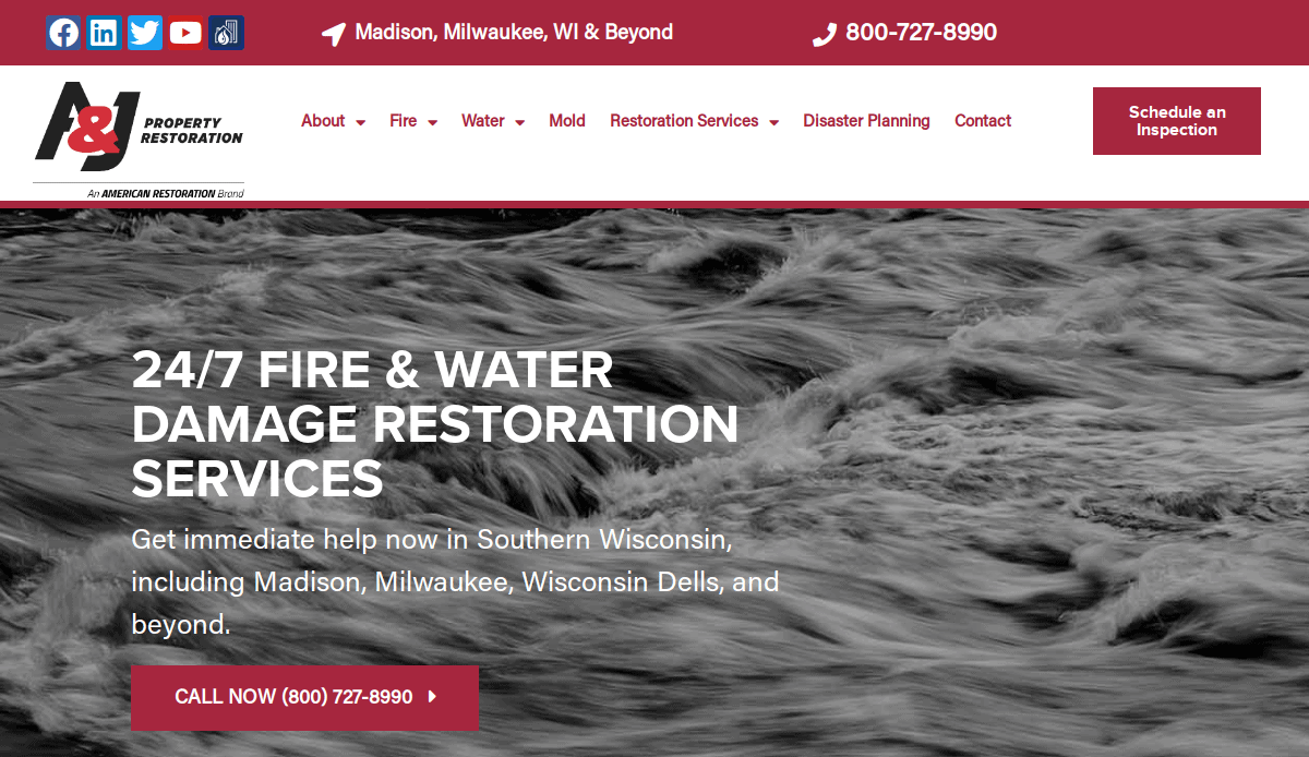A website homepage for a property restoration company offers 24/7 fire and water damage restoration services in Southern Wisconsin, with a call-to-action button and contact details. Black-and-white water image in background.
