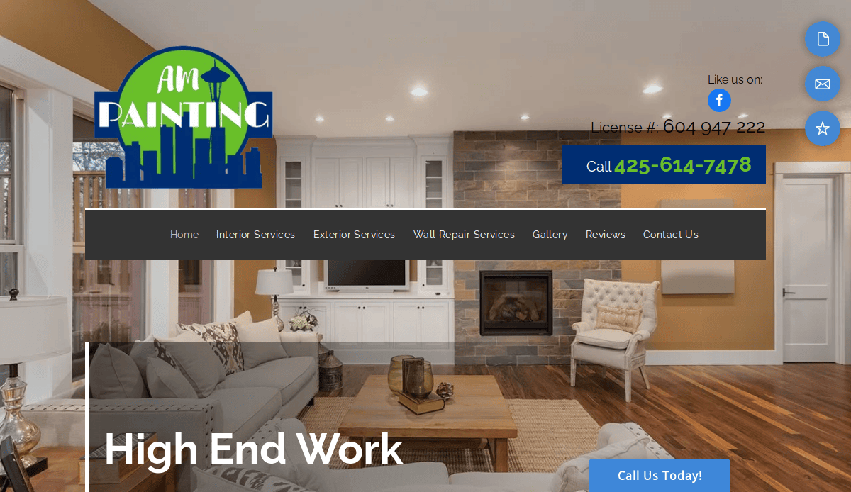A modern, cozy living room with neutral decor, featuring a sofa, armchair, fireplace, and TV. AM Painting logo and contact number are displayed, with a website menu bar and High End Work text visible.
