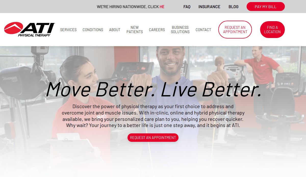 Homepage of ATI Physical Therapy showing smiling people exercising with a therapist. The text reads “Move Better. Live Better.” with buttons to request an appointment and find a location.