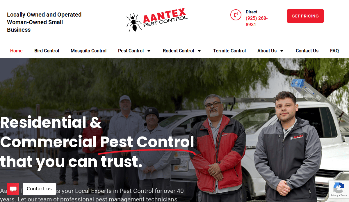 Four pest control technicians stand in front of company vehicles and trees, wearing uniforms and jackets. The website header reads Aantex Pest Control and features contact information and navigation menus.