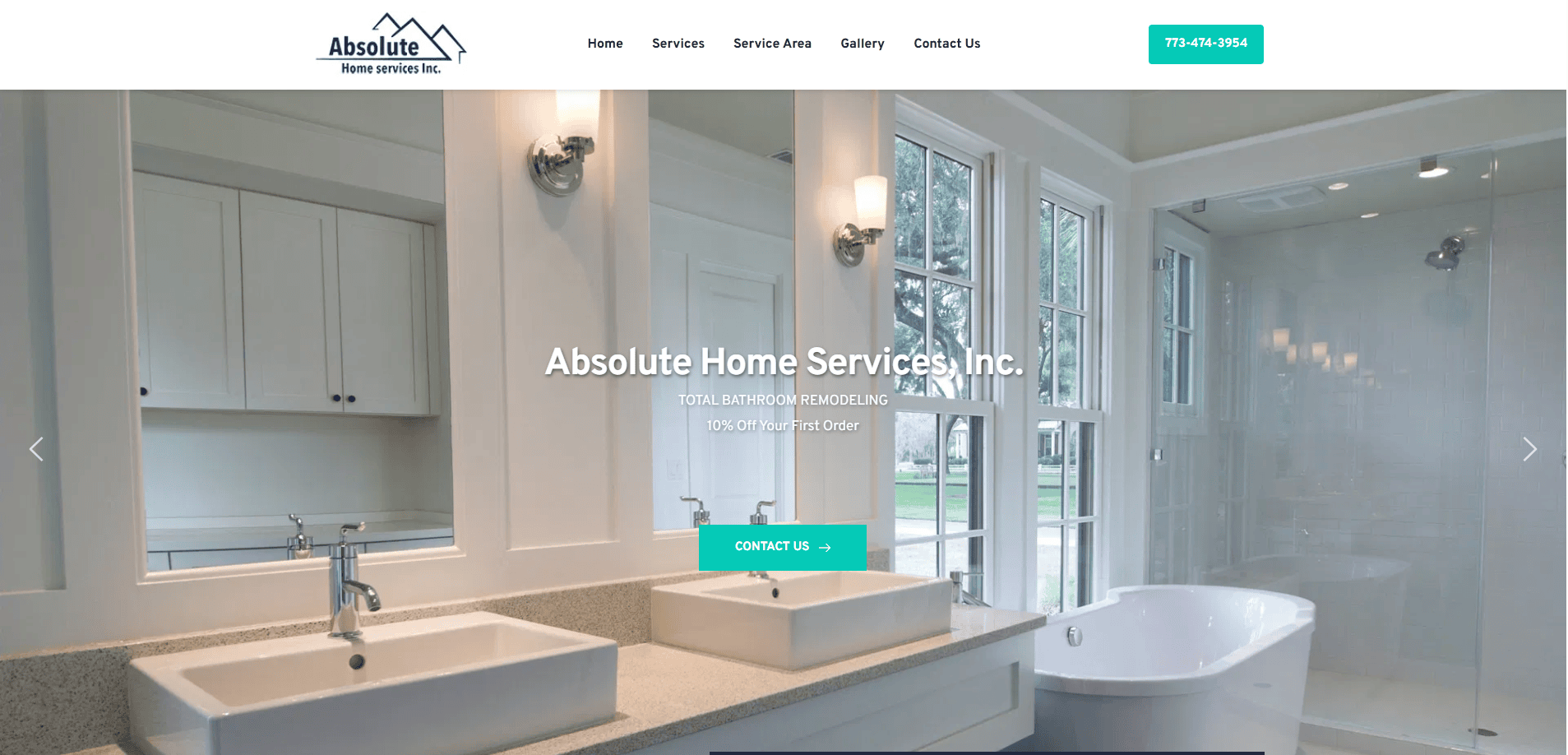 Bathroom with double sinks, large mirrors, modern fixtures, a stand-alone bathtub, and multiple tall windows. Website header shows Absolute Home Services, Inc. with navigation and a green contact button.