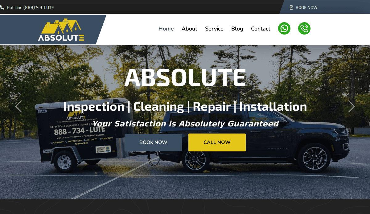A black SUV with an Absolute service trailer is parked outdoors. The website header shows the Absolute logo, navigation menu, contact numbers, and “Book Now” buttons, with trees and sky in the background.