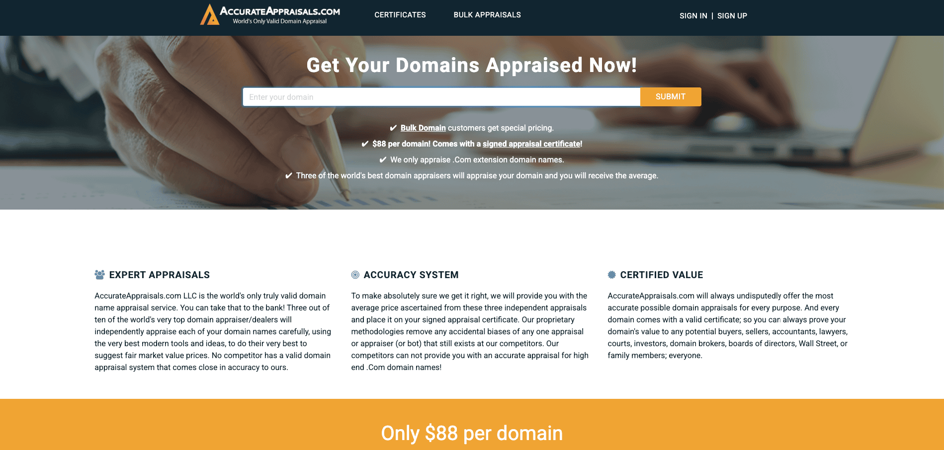 Screenshot of AccurateAppraisals.com homepage offering domain appraisal services. The page highlights bulk pricing, $88 per domain, and features benefits like expert appraisals, accuracy, and certified value. A search bar is at the top.