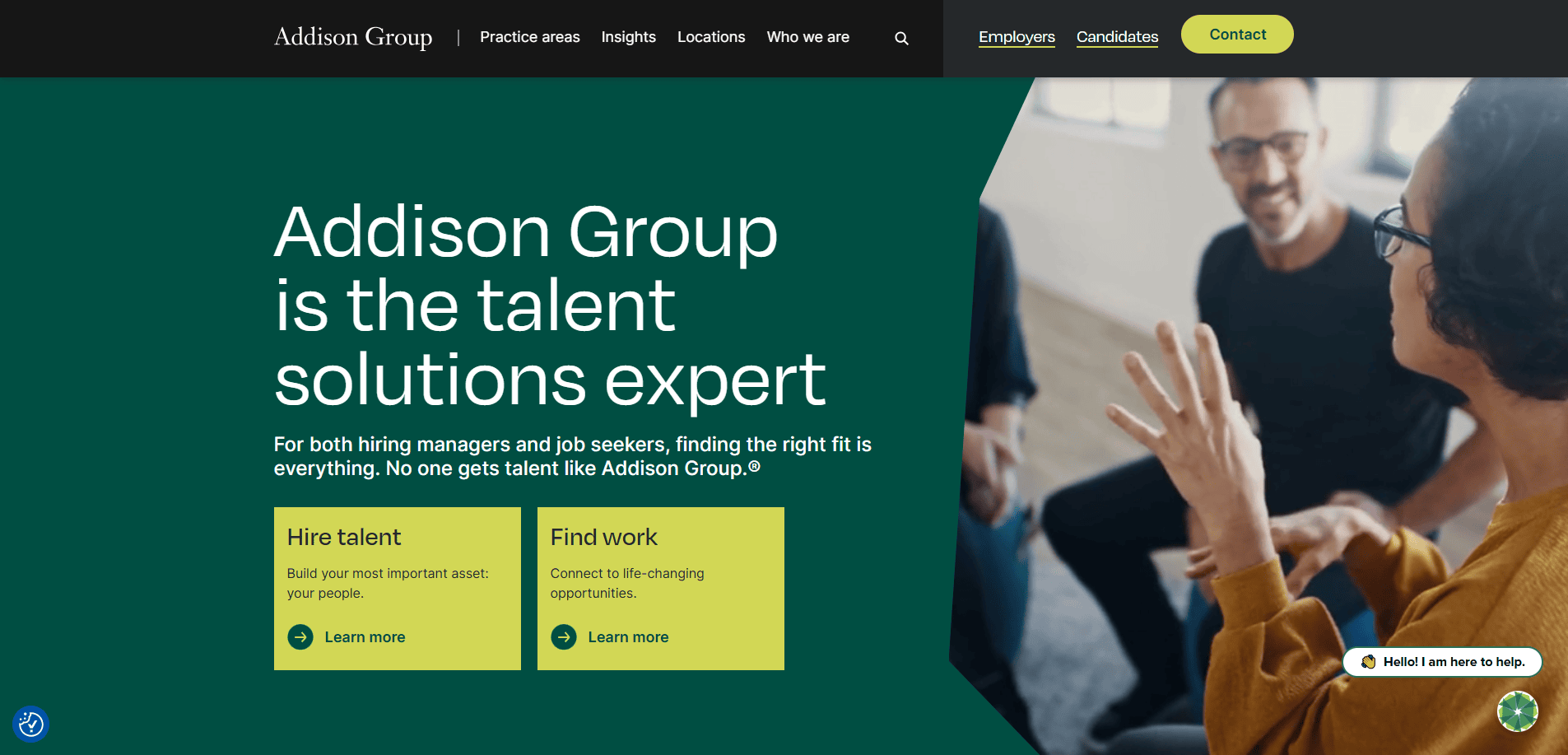 Homepage of Addison Group website featuring the slogan Addison Group is the talent solutions expert and two main options: Hire talent and Find work. A group of people is having a discussion on the right side.