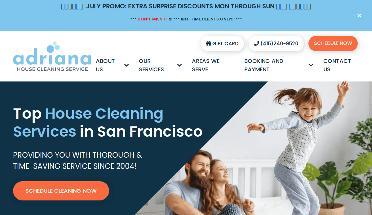 Screenshot of a house cleaning service website with a family smiling on a couch. Banner announces July promo. The company logo, navigation menu, and contact buttons are visible. A young girl is jumping, and parents are sitting beside her.