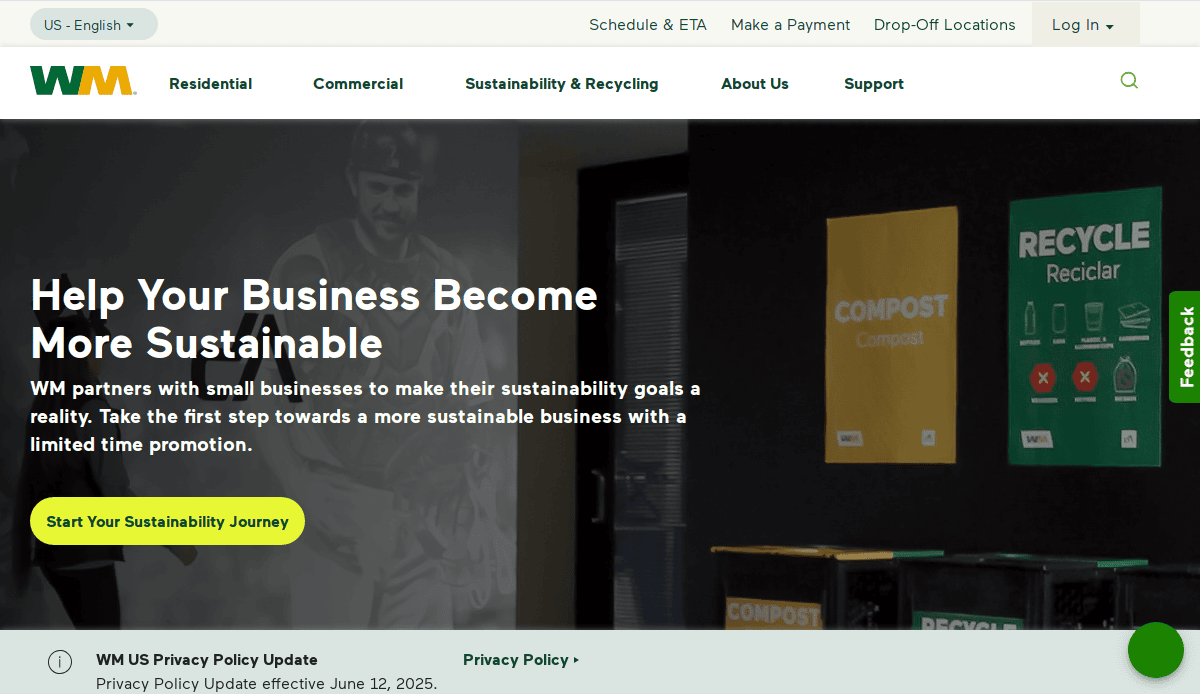 Screenshot of the WM (Waste Management) website promoting business sustainability. Text encourages businesses to become more sustainable. Compost and recycle bins are visible on the right, and navigation options appear at the top.