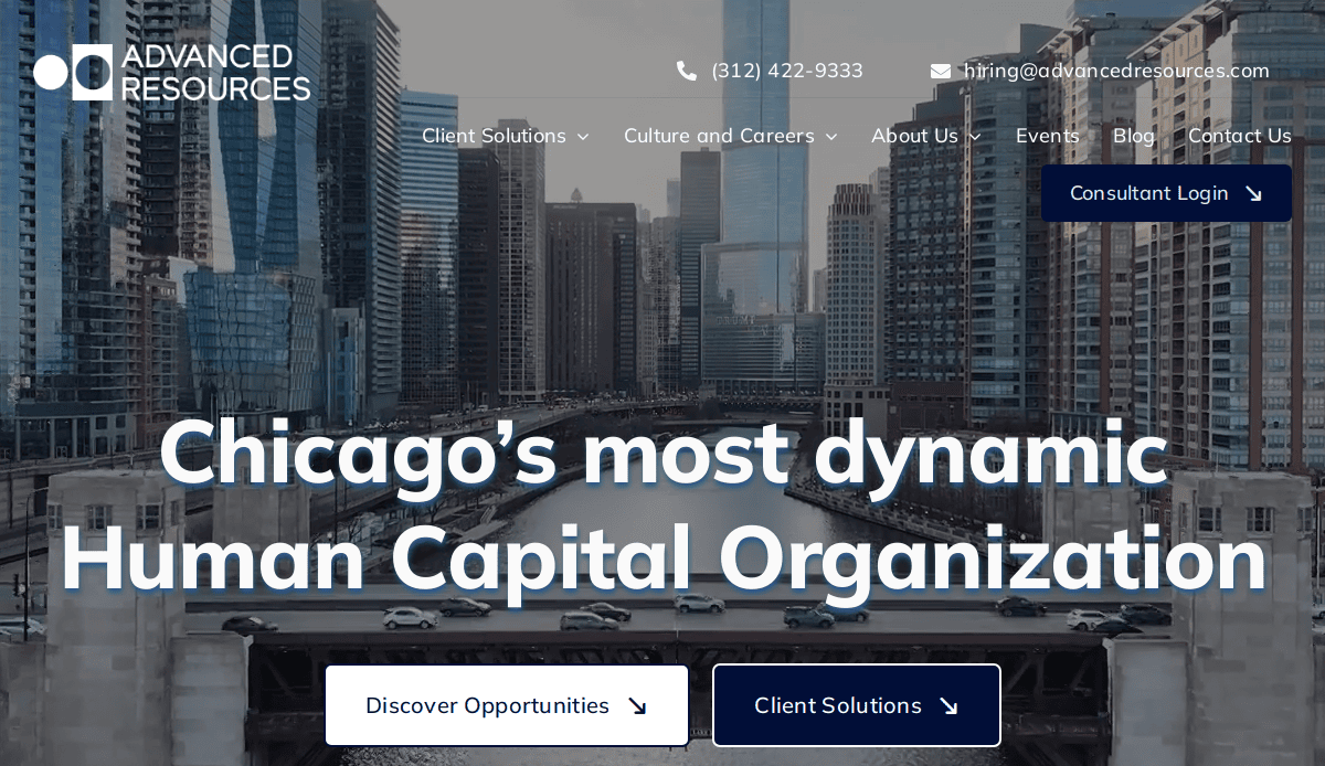 A cityscape of downtown Chicago with tall buildings and a river in the foreground. Text reads: “Chicago’s most dynamic Human Capital Organization.” Navigation and contact options appear at the top.