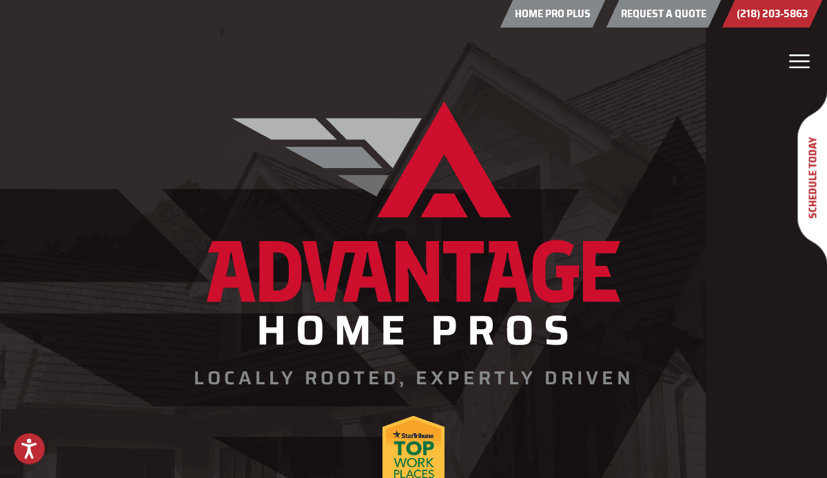 Homepage of Advantage Home Pros website, featuring a bold red and grey logo with a triangle and stylized wings. Text reads Locally Rooted, Expertly Driven. A phone number and navigation buttons appear at the top.