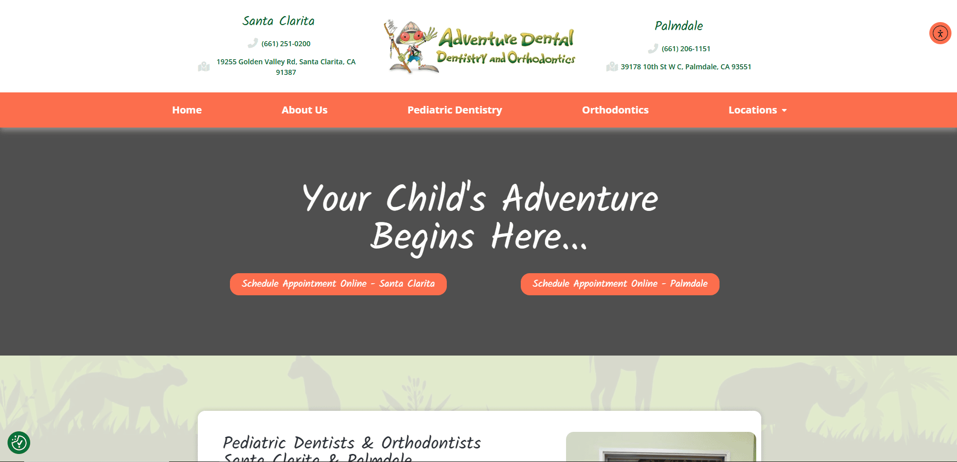 Screenshot of Adventure Dental website homepage showing the tagline Your Child’s Adventure Begins Here with options to schedule appointments in Santa Clarita or Palmdale. The top menu includes About Us, Pediatric Dentistry, and Orthodontics.
