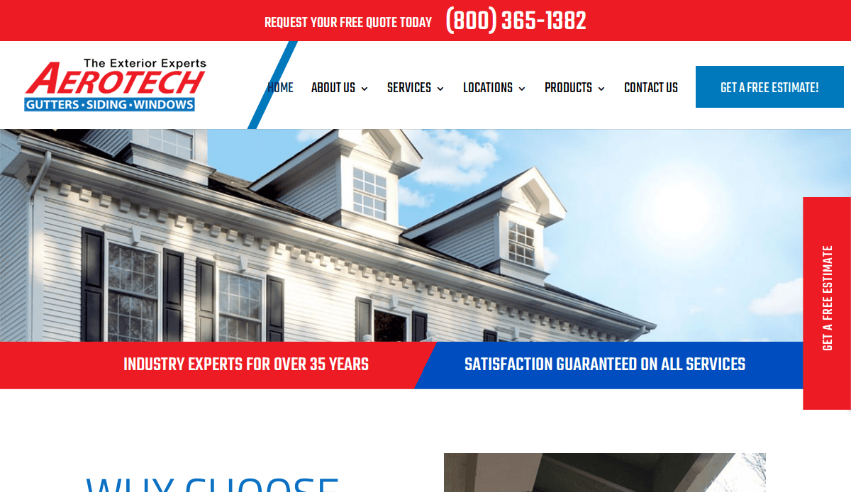 Screenshot of Aerotechs website header featuring their logo, contact number, navigation menu, a house roofline image, and banners highlighting 35 years of expertise and satisfaction guaranteed on all services.