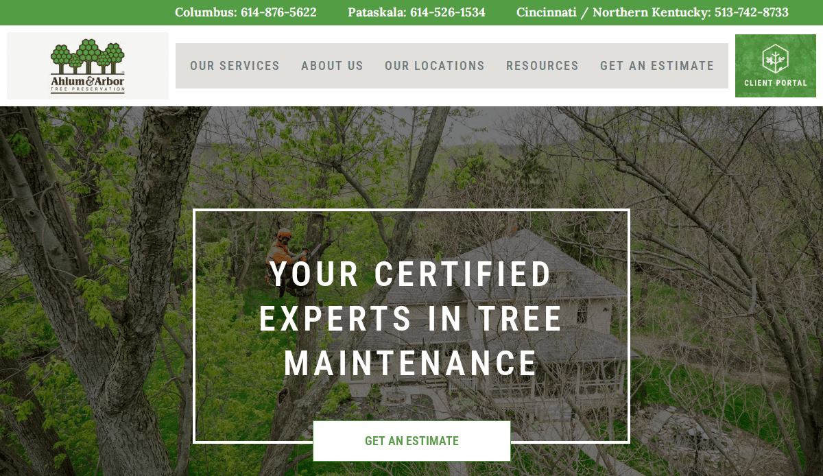 Screenshot of the Ahlum & Arbor website homepage showing contact numbers, navigation menu, and a background image of arborists working in trees near a house. Text overlay reads, Your certified experts in tree maintenance.