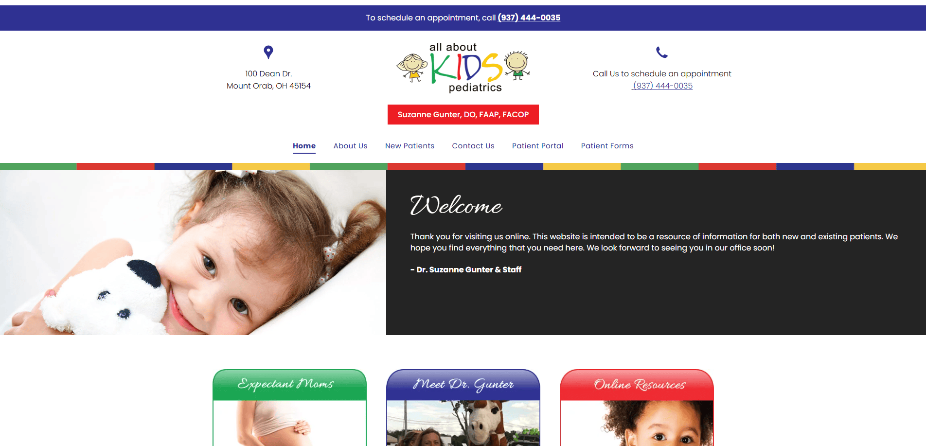 Screenshot of a pediatric clinic website with a colorful header, kids’ photos, and sections for “Expectant Moms,” “Meet Our Guests,” and “Online Resources.” Contact info and navigation links appear at the top.