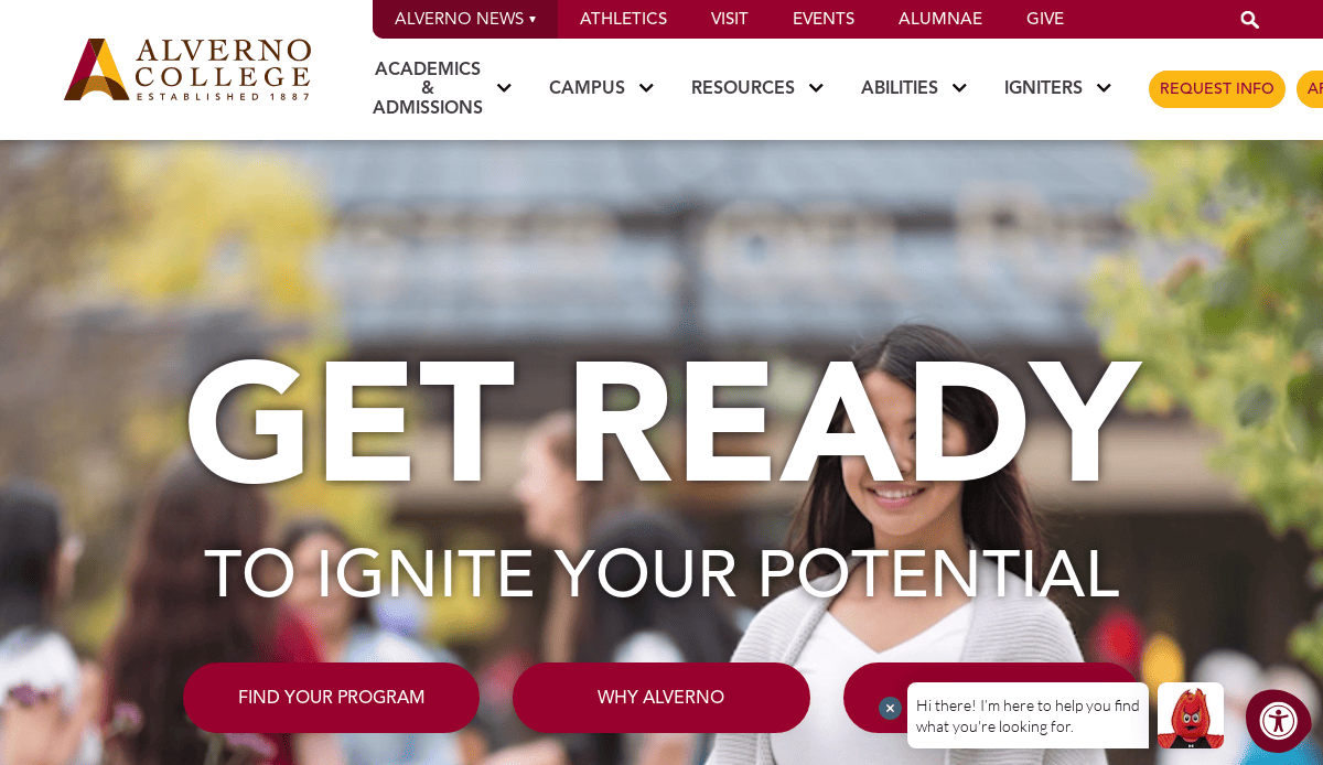 Homepage of Alverno College website showing the slogan “Get Ready to Ignite Your Potential” over a blurred background of smiling students outdoors, with navigation menus and colorful buttons visible.
