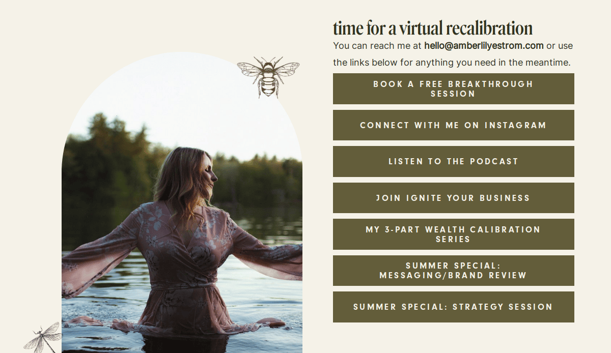 A woman stands waist-deep in a lake at sunset, looking left. Text on the right offers virtual business services like breakthrough sessions and podcast links, with a minimalist design and delicate bee illustrations.