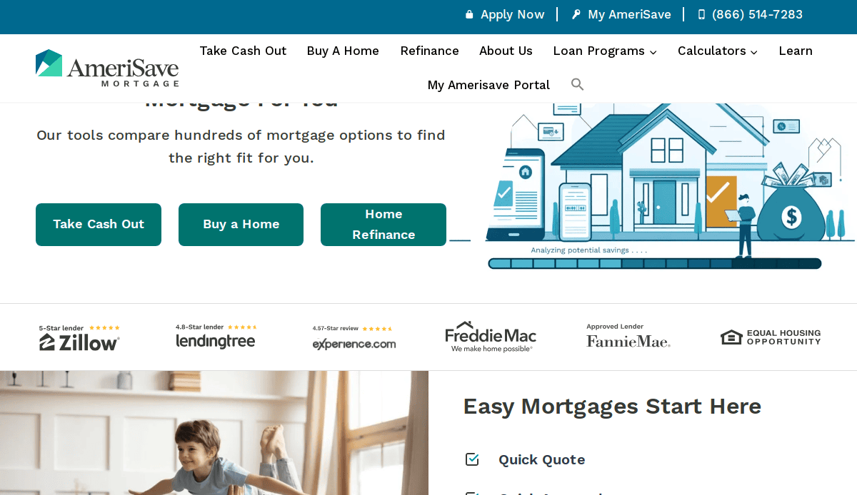 Screenshot of the AmeriSave Mortgage website featuring buttons for Take Cash Out, Buy a Home, and Home Refinance, with mortgage logos, a family image, and contact information at the top.