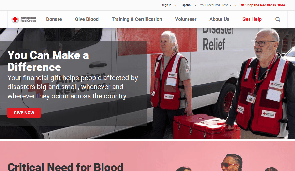 Two Red Cross volunteers in red vests stand in front of a Disaster Relief vehicle, carrying medical supplies. Text overlay encourages financial gifts to help people affected by disasters. Red Cross logo appears in the upper left corner.