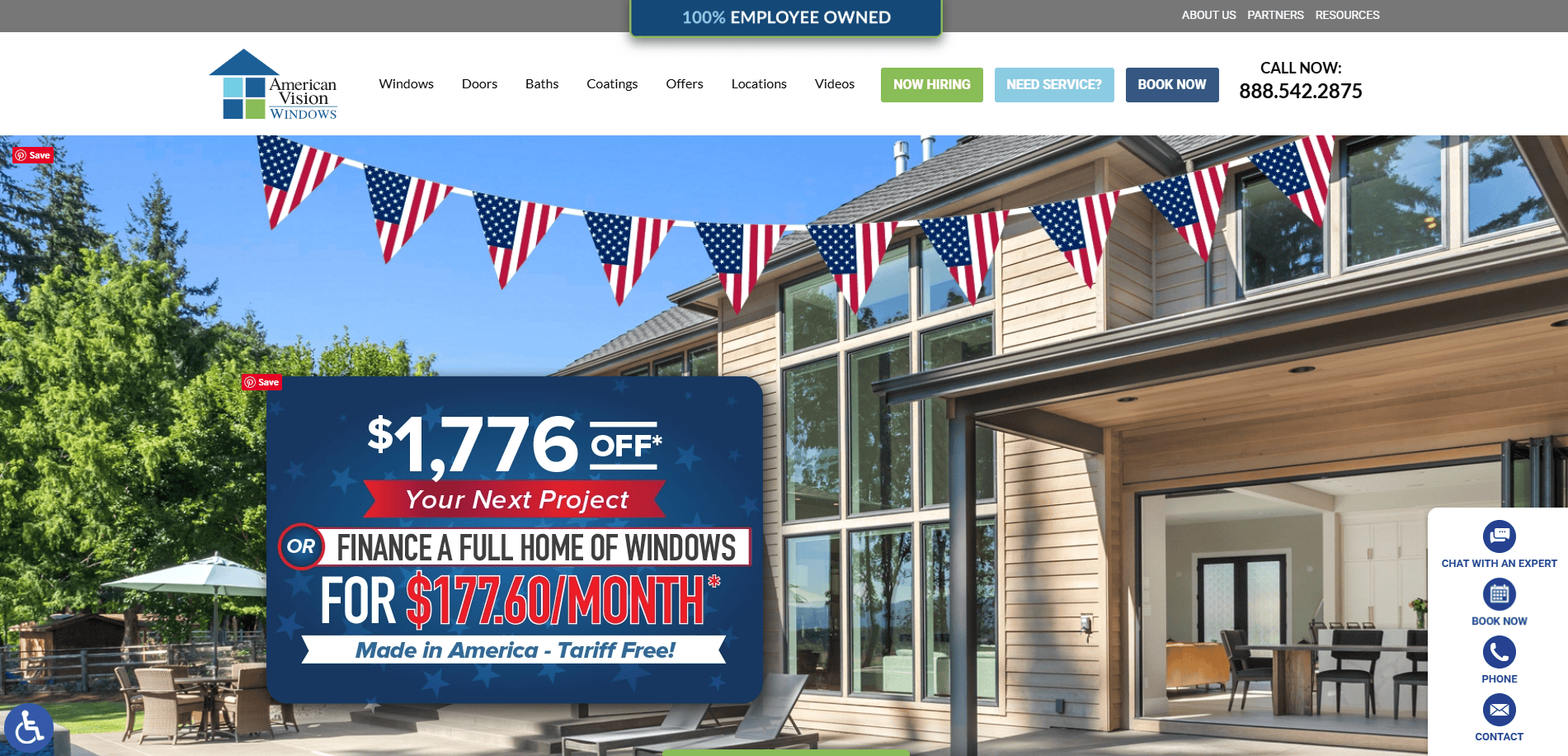 A modern house with large windows and a patio is decorated with American flag banners. Promotional text advertises a discount on window projects from American Vision Windows. A chat box and contact options appear on the screen.
