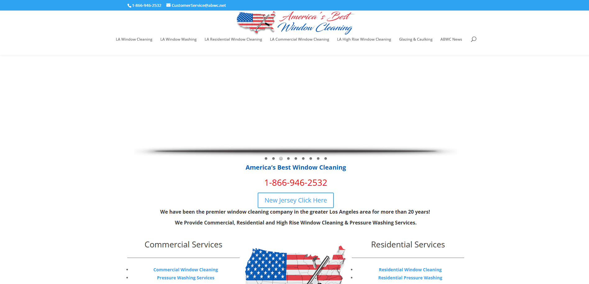 Screenshot of America’s Best Window Cleaning website homepage, displaying their logo with an American flag, contact number in red, navigation menu, and lists of commercial and residential window cleaning services.