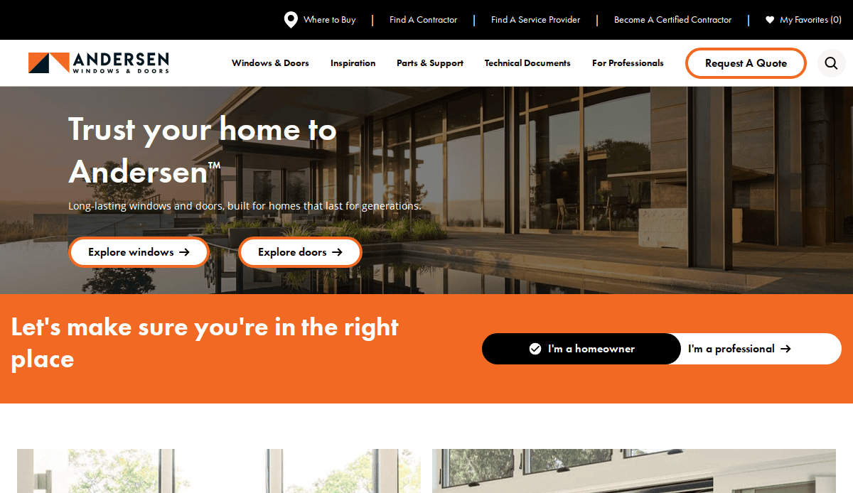 Screenshot of Andersen Windows & Doors website homepage featuring a modern house with large windows, navigation menus, “Trust your home to Andersen” text, and buttons to explore windows, doors, or request a quote.