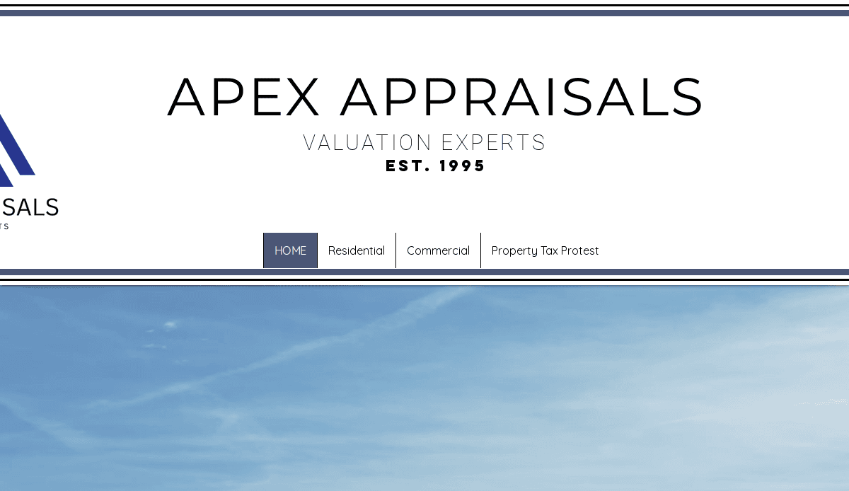 Website header for Apex Appraisals, stating Valuation Experts Est. 1995, with navigation tabs for Home, Residential, Commercial, and Property Tax Protest. Part of the Apex logo is partially visible on the left.