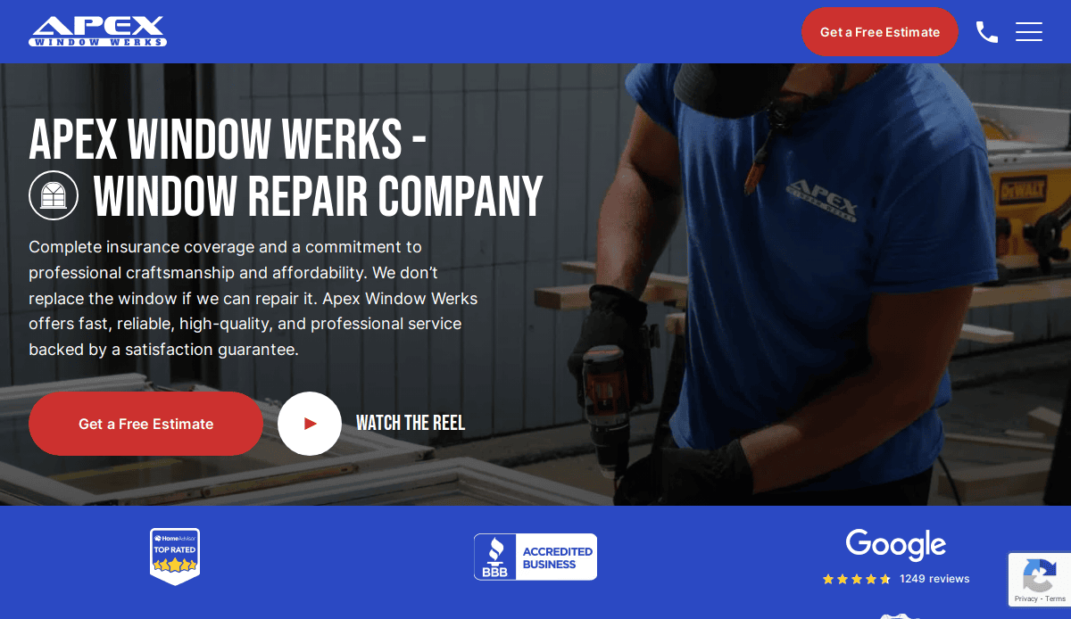 A man in a blue shirt uses a power drill on a window frame. Text reads: “Apex Window Werks – Window Repair Company.” Buttons offer a free estimate and to watch a video. Badges and ratings are shown at the bottom.