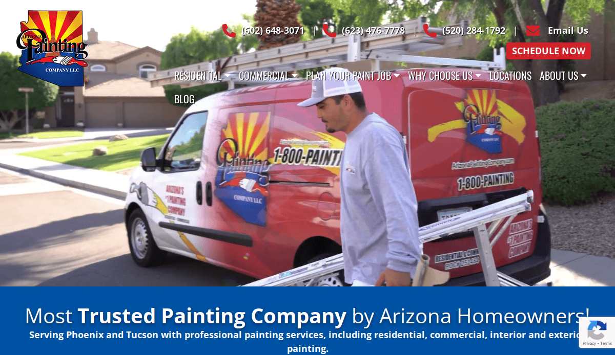 A painter in a white cap and shirt carries equipment past a red company van with 1-800-PAINT and an Arizona flag logo. Text below reads, Most Trusted Painting Company by Arizona Homeowners.