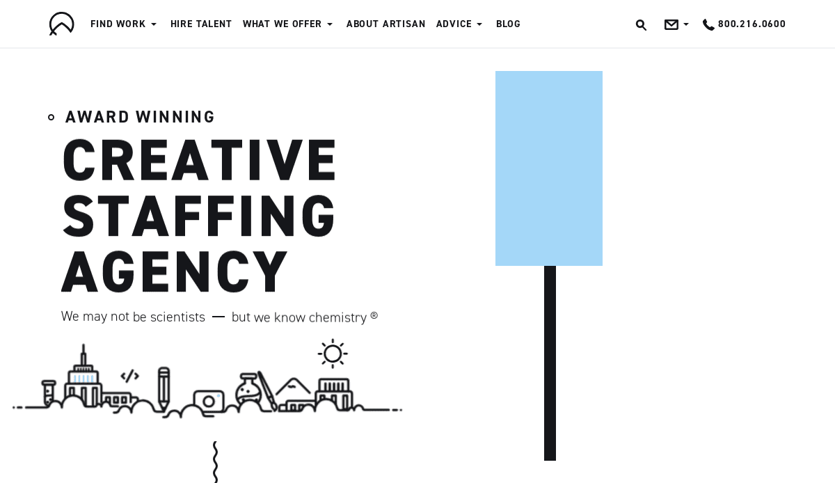 A website homepage for a creative staffing agency featuring bold text reading Award Winning Creative Staffing Agency and a simple illustration of a cityscape below. A large blue rectangle appears on the right side of the screen.