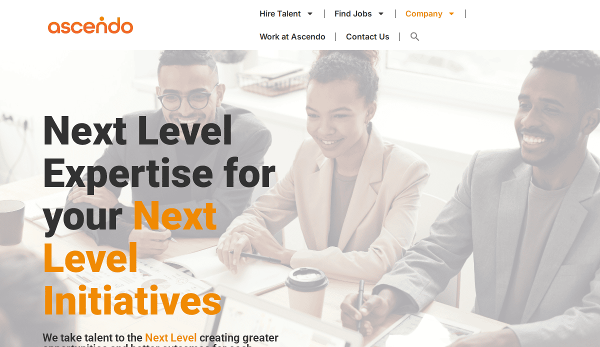 Three professionals sit at a desk, smiling and discussing documents. The text on the image reads, “Next Level Expertise for your Next Level Initiatives.” The ascendo logo is in the top left corner.