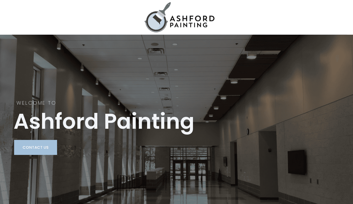 A modern, spacious hallway with large windows and polished floors is shown on the Ashford Painting website homepage. The logo and text Ashford Painting appear at the top, with a Contact Us button visible.
