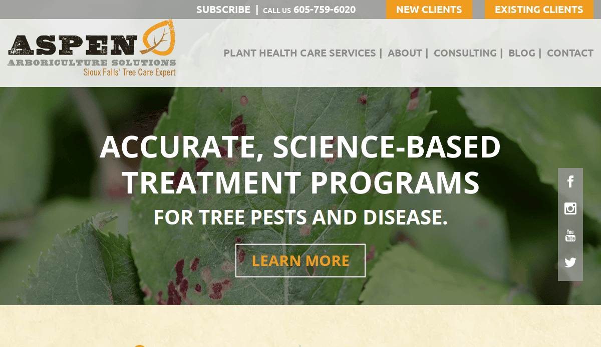 Website homepage for Aspen Arboriculture Solutions. Text promotes accurate, science-based treatment programs for tree pests and disease with a blurred image of a leaf in the background and navigation bar at the top.