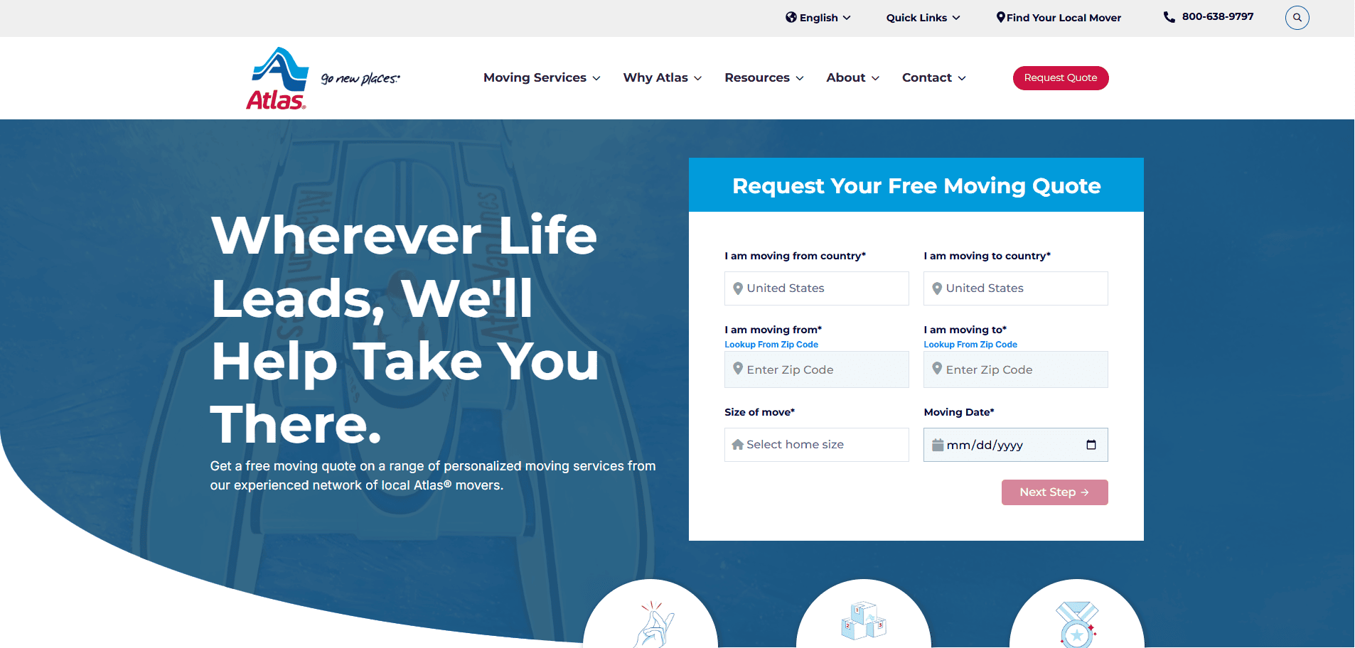 Screenshot of Atlas Van Lines homepage featuring a moving quote form on the right and a message on the left: “Wherever Life Leads, We’ll Help Take You There.” The background shows a faint outline of a moving truck.