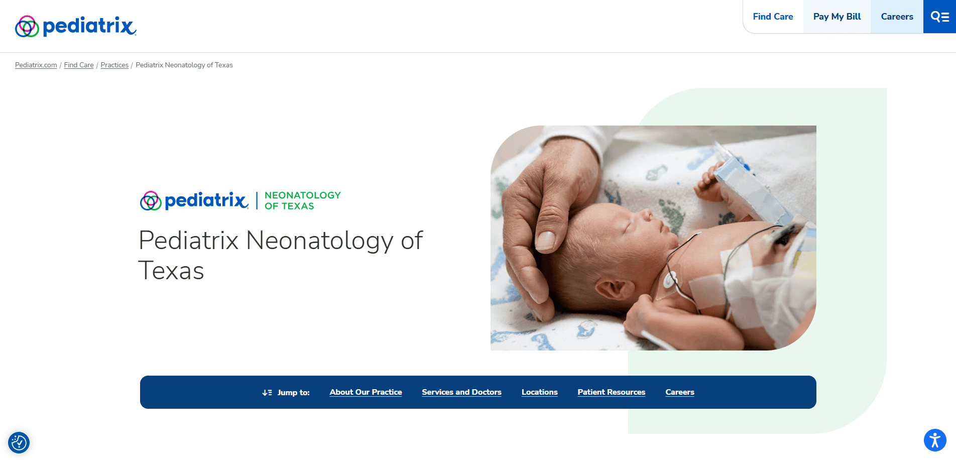A newborn baby is lying in an incubator with monitoring devices attached, while an adult gently holds the babys hand. The text reads Pediatrix Neonatology of Texas and displays the Pediatrix logo.