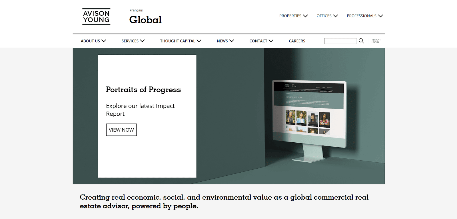 Screenshot of the Avison Young Global website homepage featuring a section titled Portraits of Progress with a button to view their latest Impact Report and an image of a desktop computer displaying a webpage.