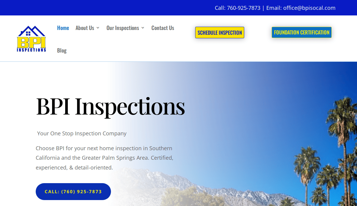 Screenshot of BPI Inspections website homepage showing logo, navigation menu, and contact info. Headline reads BPI Inspections with mountains in the background and buttons for scheduling an inspection and certification.