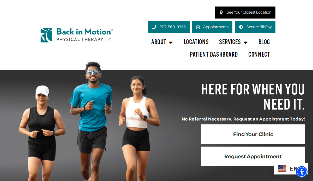 Three people, two women and one man, jog outdoors together, smiling. The website header reads Back in Motion Physical Therapy LLC with navigation links and a call to request an appointment.
