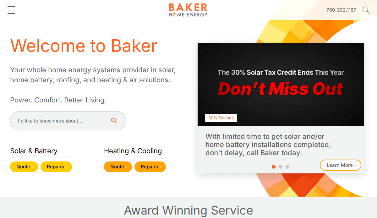 Screenshot of Baker Home Energy’s website homepage featuring services in solar, battery, roofing, heating, and air solutions. A banner highlights a 30% solar tax credit ending soon with a call to action.