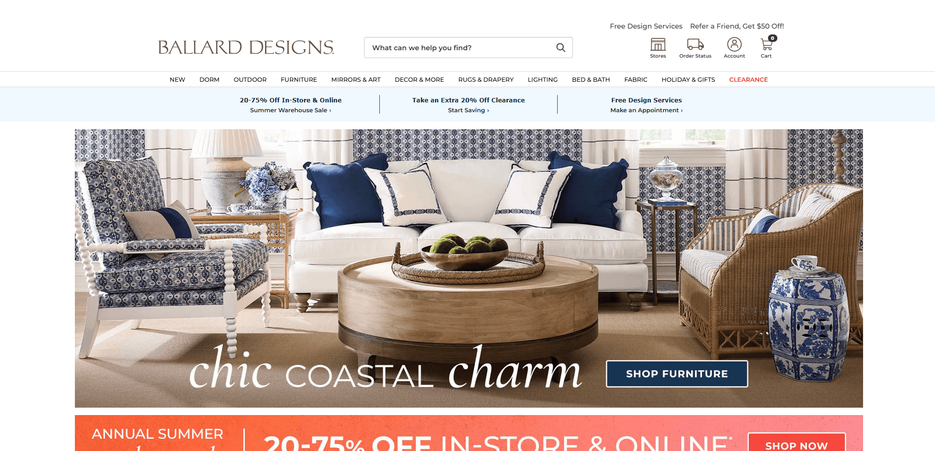 A living room with a white sofa, patterned blue and white chairs, blue and white pillows, a round wooden coffee table, and coastal-themed decor. Text: “chic COASTAL charm.” Ballard Designs website menu visible.