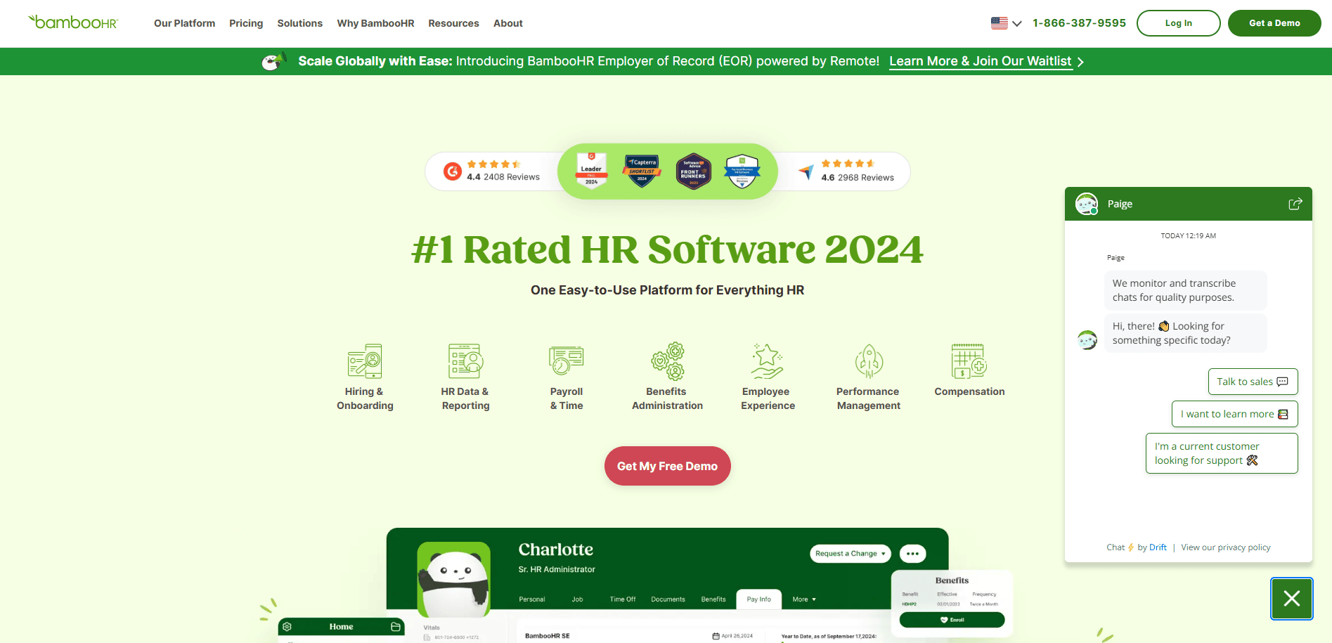 Screenshot of BambooHRs homepage highlighting #1 Rated HR Software 2024 with navigation menus, demo button, chatbot conversation, and icons for HR features like hiring, payroll, and performance management.