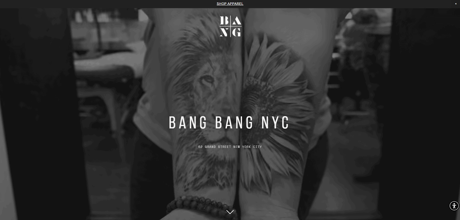 Black-and-white image showing two forearms with tattoos: a realistic lion on the left arm and a detailed sunflower on the right. Text reads BANG BANG NYC with an address below. The image has a city tattoo studio vibe.