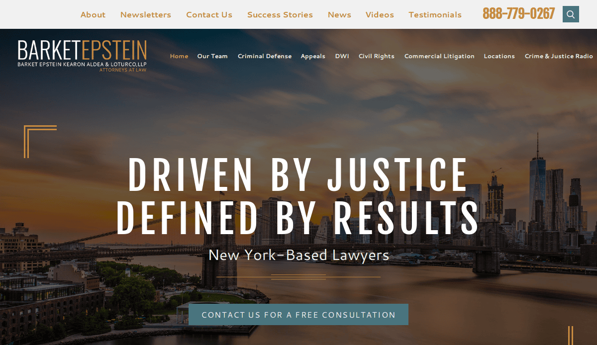 Website homepage for Barket Epstein law firm showing a city skyline at sunset, large text reading “Driven by Justice, Defined by Results,” and a button for a free consultation. Navigation links and a contact phone number are visible.