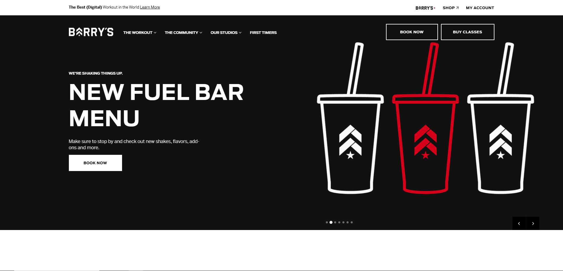 Website homepage for Barrys with a black background, bold white text announcing a new fuel bar menu, and illustrations of three takeaway drink cups with the Barrys logo in white and red outlines.