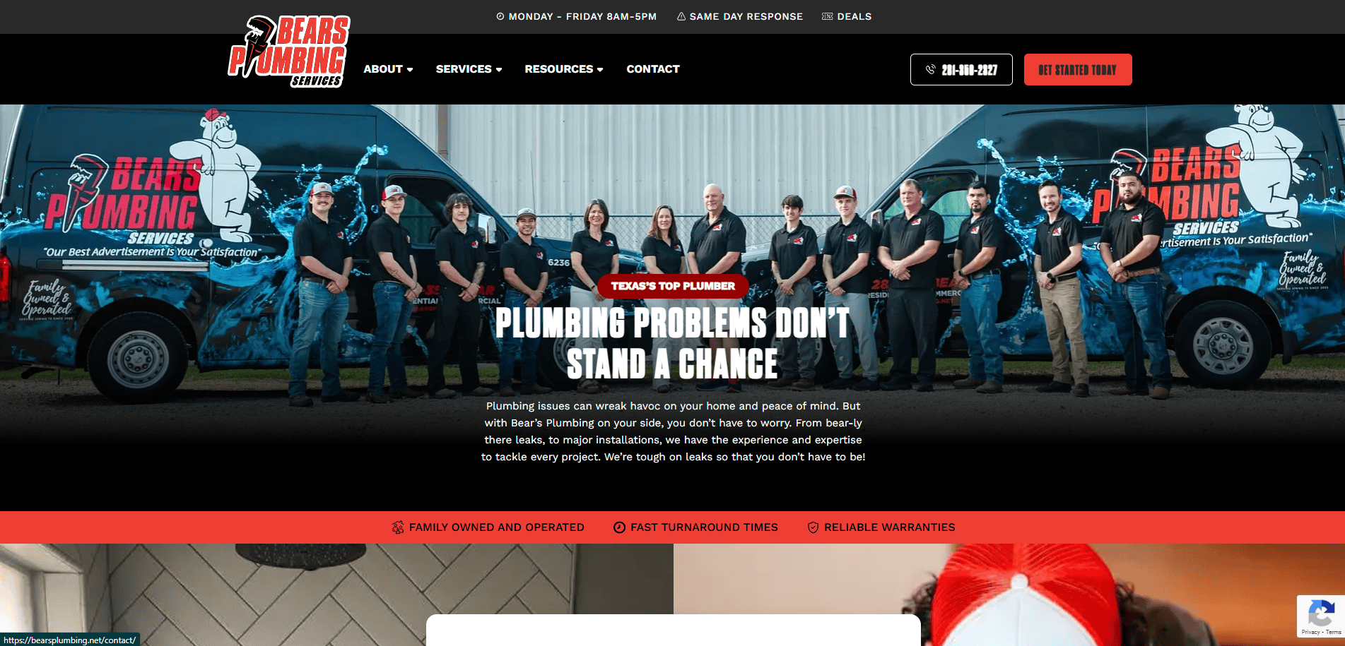 A group of Bears Plumbing Services employees stand in front of two company vans, all wearing uniforms and hats. The website header reads, “PLUMBING PROBLEMS DON’T STAND A CHANCE.”.